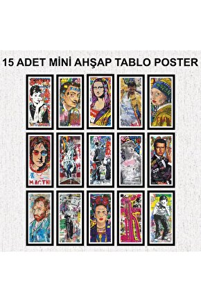 popart sinema müzik bilim ünlüler ev mutfak dekorasyon mini retro ahşap tablo seti 15 adet