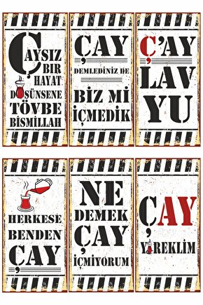 Çay Sözleri Duvar Yazıları Mutfak Kafe Bar Dekorasyon 6lı Mini Retro Ahşap Poster Seti