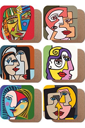 Picasso Tarz Modern 6lı Ahşap Bardak Altlığı Seti