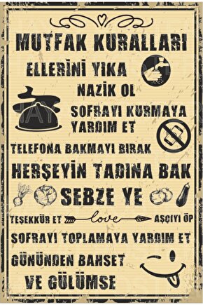 Mutfak Kuralları Tablosu Retro Vintage Ahşap Poster