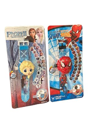 Spiderman Elsa Frozen İkili Projeksiyonlu Saat 24 Farklı Resim Yansıtmalı