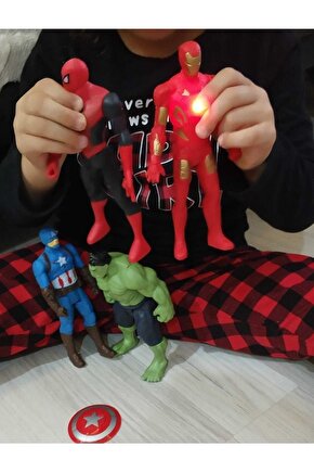 4 Lü Büyük Boy 18 Cm Marvel Avangers Işıklı Figürler Örümcek Adam Kaptan Amerika Hulk Ironman