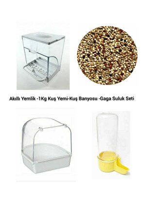 4lü Set (akıllı Yemlik-gaga Suluk-kuş Banyosu-1kg Yem)