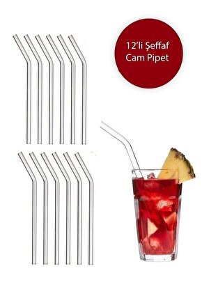 12 Parça Şık Modern Kavisli İçecek Pipeti Seti Şeffaf 12Li Sağlıklı Cam Eğimli Pipet