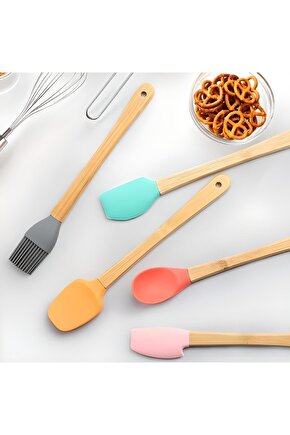 5li Renkli Bambu Saplı Silikon Uçlu Spatula Fırçalı Kaşık Seti