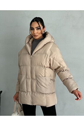 Puffer Yarasa Şişme Bej Oversize Kadın Mont