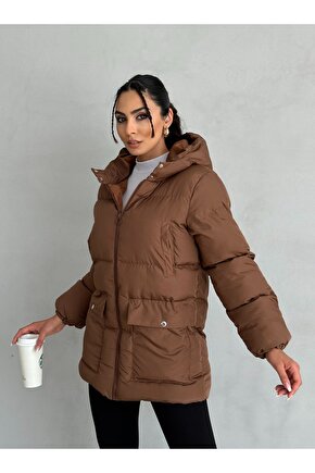 Puffer 4 Cep Detaylı Kapüşonlu Kahverengi Şişme Mont