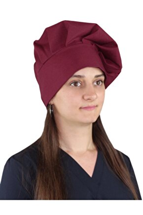 Unisex Şef Aşçı Kep Aşçı Şapkası Mantar Kep Alpaka Kumaş Bordo