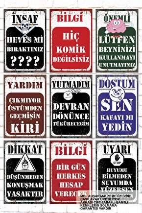 9 Parça Karışık Yazılı Ahşap Tablo Seti komik asabi sinirli atarlı duvar yazıları sözleri posterleri