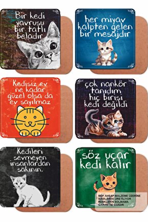 güzel kedi sözleri ev mutfak kafe dekorayon 6lı retro ahşap bardak atlığı seti