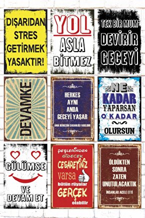 9 Parça Karışık Yazılı Ahşap Tablo Seti duvar yazıları dışarıdan stres getirmek yasaktır