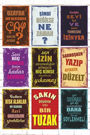 9 Parça Karışık Yazılı Ahşap Tablo Seti komik esprili sözler duvar yazıları