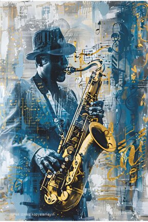 jazz soul müzik saksafon çalan siyahi müzisyen notalar dekor tablo retro ahşap poster