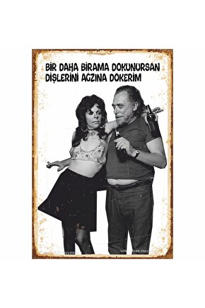 Bukowski Ve Bira Ev Dekorasyon Tablo Retro Ahşap Poster