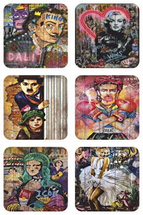 pop art ünlüler charlie chaplin Marilyn Monroe salvador dali 6lı retro ahşap bardak altlığı set