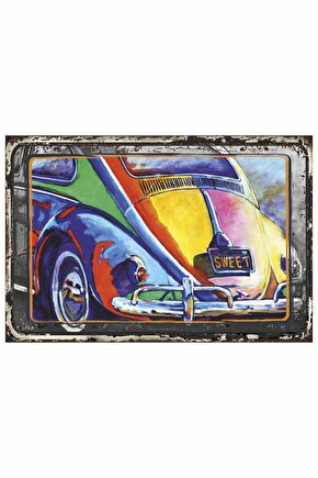 Sweet Vw Bug renkli vosvos klasik nostaljik araba retro ahşap poster