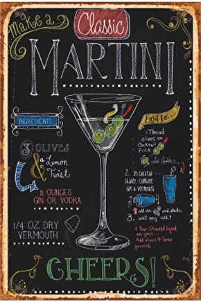 Kokteyl Martini Alkol Kara Tahta Retro Ahşap Poster