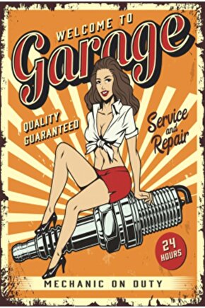 Pin Up Kızı Garajıma Hoş Geldin Retro Ahşap Poster