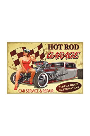 Pin Up Hot Rod Garage Retro Vintage Ahşap Poster