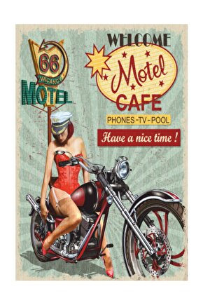 Motel Ve Klasik Motor Retro Vintage Ahşap Poster