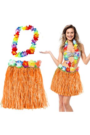 Hawaii Luau Aloha Turuncu Püsküllü 40 cm Etek ve Hawaii Kolye Se