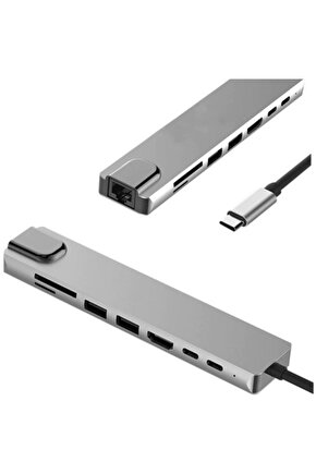 Type C Den 8 Ayrı Girişe Çevirici Notebook Için Rj-45 Lan Usb-c Usb 3.0 Hdtv Pd Usbc Sd Tf Çevirici