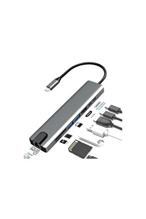 8 In 1 Aleminyum Metal Kasa Type C Den Usb Usb-3 Lan Eternet Hdmı Hdtv Usbc Pd Çevirici