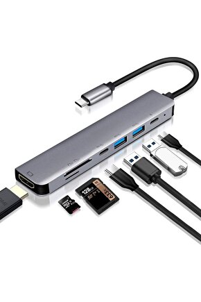 Metal Kasa 7+1 Çevirici Hdmı Type C Usb 3 Sd Kart Tf Card Okuyucu Macbook Chromebook Lumia