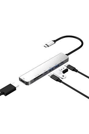 7+1 Aleminyum Gri Metal Kasa Sd Tf Usb Type C Hub Hdmı Google Chrombook Dell Huawei Uyumlu Çevirici