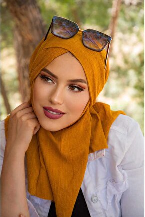 Hardal Bürümcük Çapraz Bantlı Medium Size Hijab - Hazır Şal