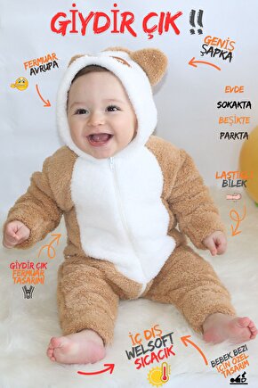 Welsoft Peluş Fermuarlı Kışlık Unisex Kız Erkek Bebek Uyku Tulumu Bebek Tulumu Çocuk Tulumu Kostümü