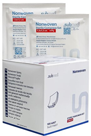 Nonwoven steril gaz kompres, Gazlı bez, 4 katlı 5li paket, 7,5x7,5cm, 100 adet