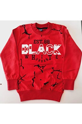 Kırmızı Baskılı Kolları, Beli Ve Boynu Lastikli Sweatshirt