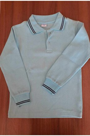 Su Yeşili Kolları Ve Yakası Laci Çizgili Önü Yarım Düğmeli Sweatshirt