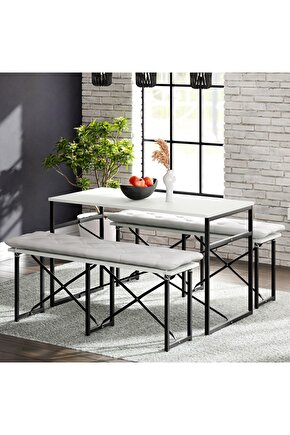 Masa Takımı Minderli Bench Bank Masa Seti 120x60 Masa Mutfak Masası Yemek Masası Beyaz 1555