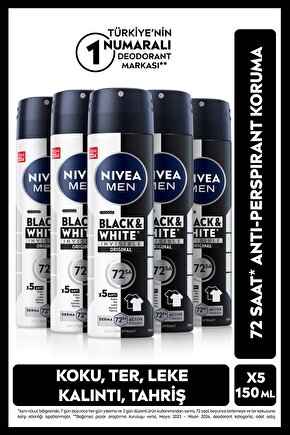 MEN Erkek Sprey Deodorant Black & White Invisible Original 150ml, 72 Saat Anti-Perspirant, X5 Adet