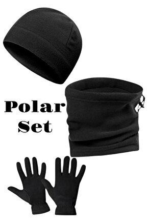 Unisex Siyah Termal Kışlık Kaliteli Polar Eldiven-Bere-Boyunluk Set