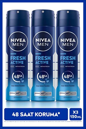 MEN Erkek Sprey Deodorant Fresh Active 150ml, Ter Kokusuna Karşı 48 Saat Koruma, Pudrasız, X3 Adet