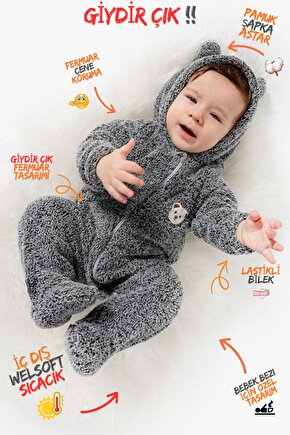 Welsoft Peluş Fermuarlı Kışlık Unisex Kız Erkek Bebek Uyku Tulumu Bebek Tulumu Çocuk Tulumu