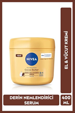 Cocoa Butter El Ve Vücut Bakım Kremi 400ml, 48 Saat Nemlendirici Serum, E Vitamini, Kakao Yağı