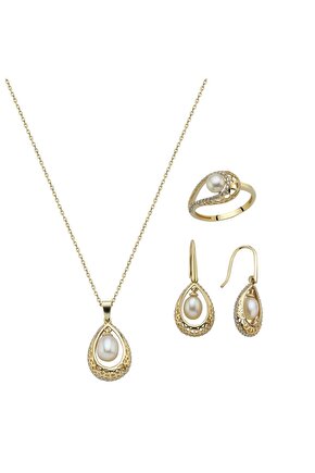14 Ayar Altın 6 mm Doğal İncili Küpe Kolye Yüzük Üçlü Set