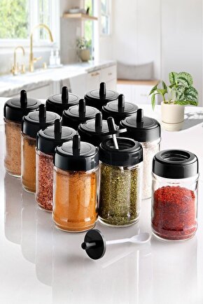 12 Adet Kapağı Kendinden Kaşıklı Baharatlık Seti - (300 Ml) Cam Kavanoz