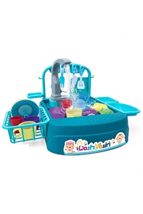 Oyuncak Bulaşık Yıkama Seti - Modern Çeşmeli Lavabo Oyun Seti Turkuaz Ve Pembe Rengi
