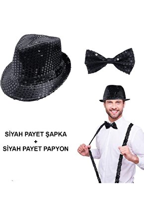 Siyah Payetli Şapka ve Papyon Seti – Parıltılı Yetişkin Kostüm S