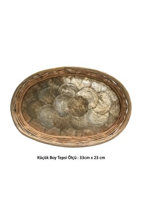 Rattan Dekoratif Oval Hasır El Yapımı Sedef Tepsi Küçük Boy 1 Adet