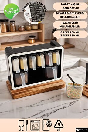 9lu Standlı Kendinden Yapışkanlı 550 ml ve 250 ml Kaşıklı Kapaklı Kulplu Etiketli Baharatlık Seti