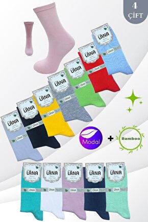 Kadın Çorabı (BAMBU MODAL) Ter Emici Dikişsiz Trend Model Soket Uzun Çorap (4 ÇİFT) Asorti Renk