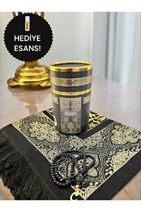 Üç Parça Hediyelik Çeyizlik Silindir Kutulu Kabe Desenli Seccade Tesbih Seti