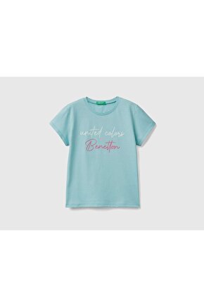 Kız Çocuk Su Yeşili Simli Benetton Yazılı T-shirt