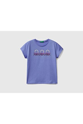 Kız Çocuk Leylak Simli Benetton Yazılı T-shirt
